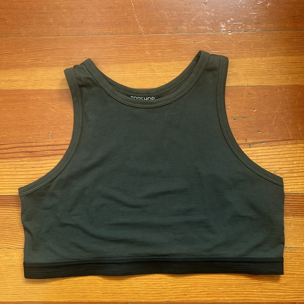 Topshop Dark Green High-Neck Cropped Tank Top Thick Black Elastic for Support